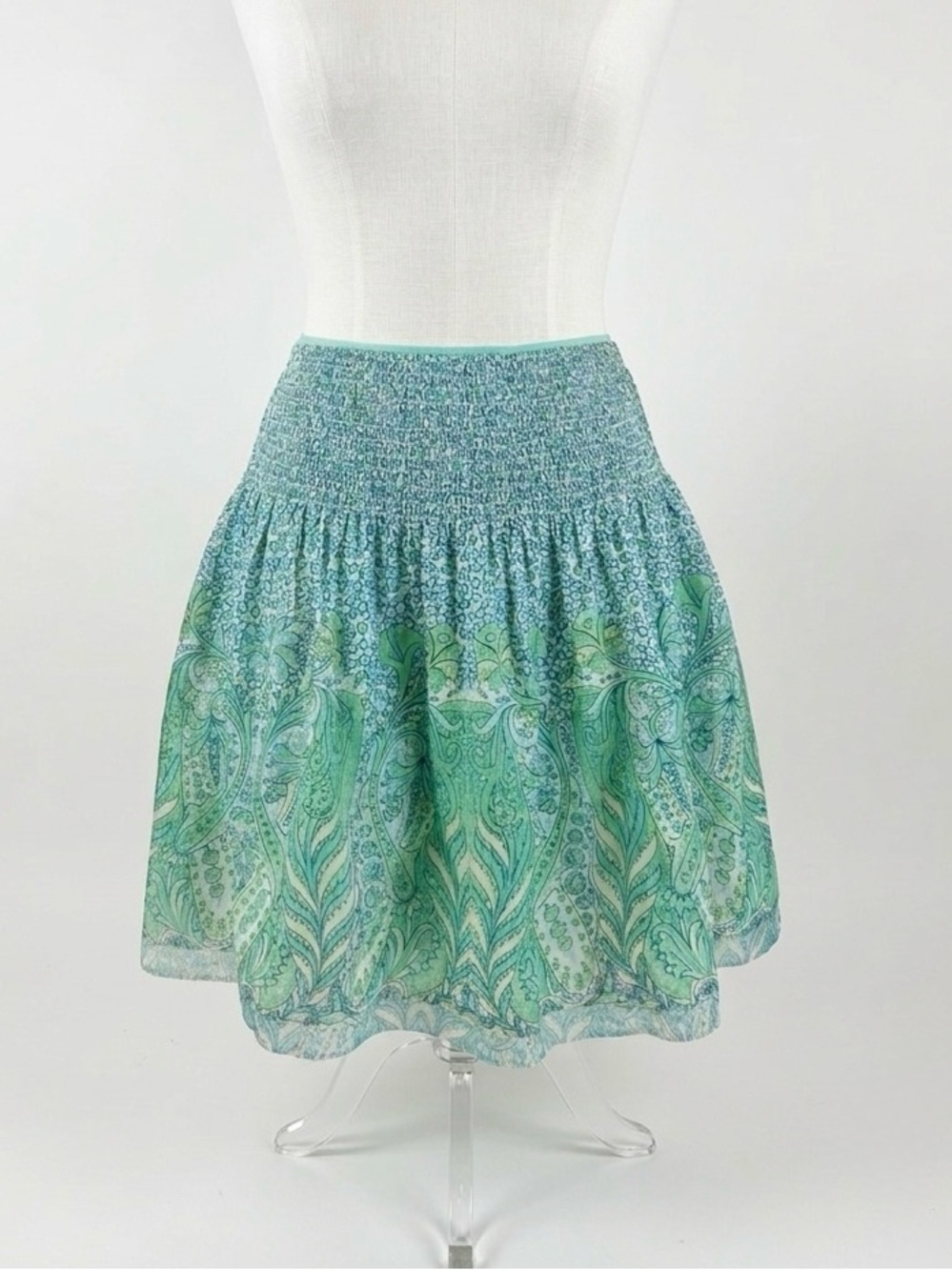 Elie Tahari Green & Cream Paisley Smocked Waist Skirt Size 8 Romantic Feminine